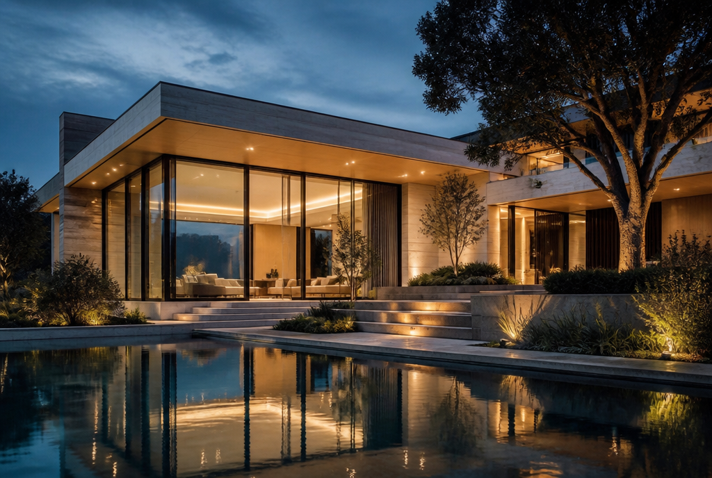 Moderne Villa in der Abenddämmerung mit warm beleuchteten Fenstern