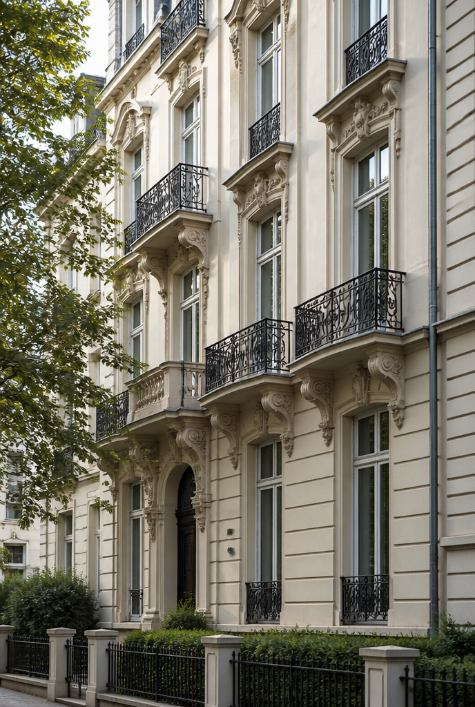 Restaurierte Altbaufassade mit Stuck und französischen Fenstern