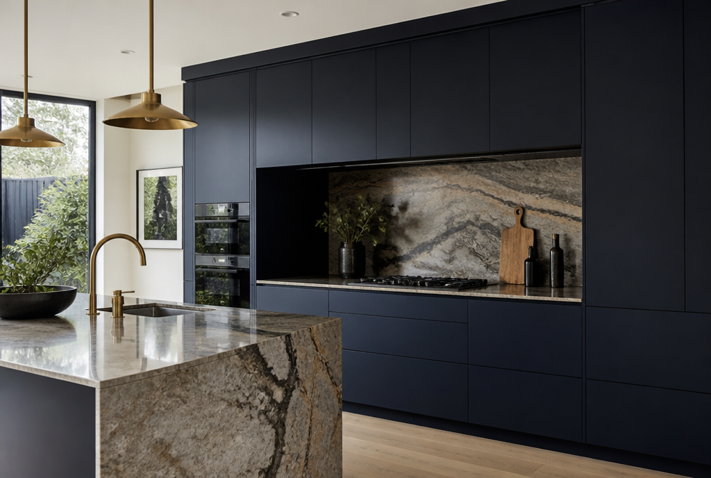 Modernes Penthouse mit dunkelblauer Küche und Messingdetails