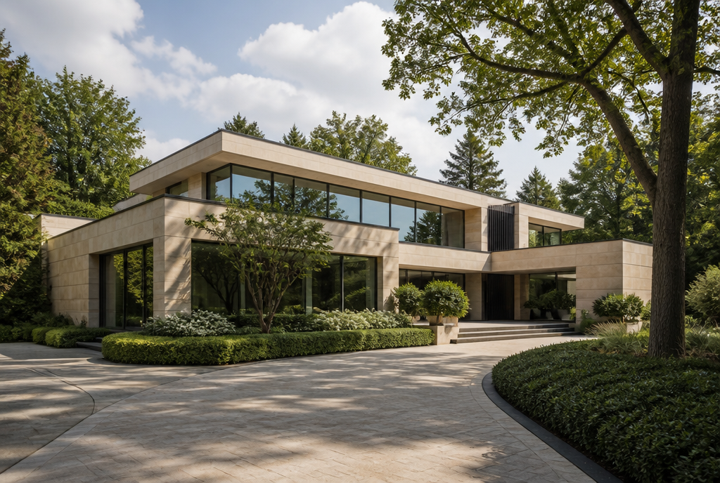Zeitgenössische Villa mit Sandstein- und Glasfassade
