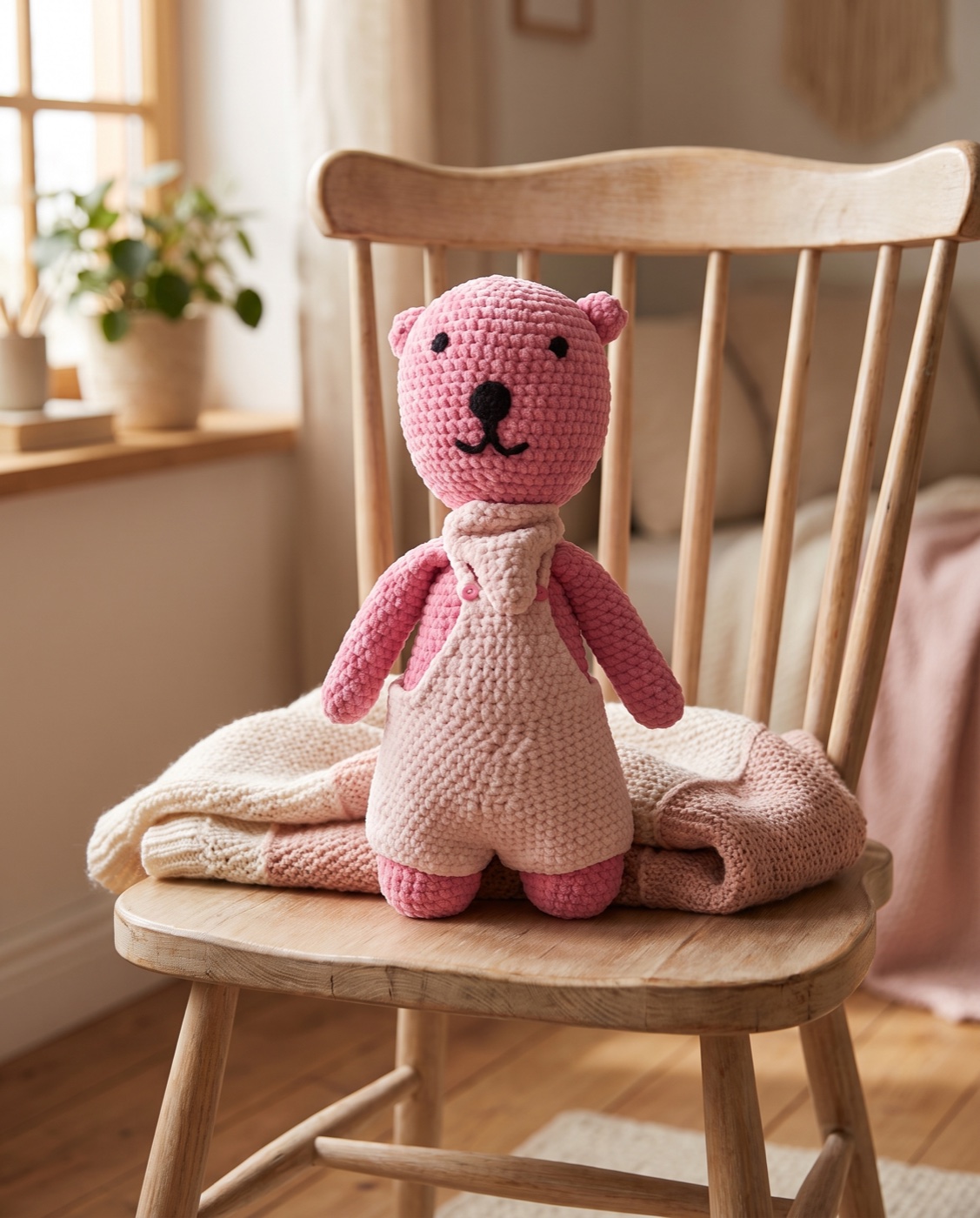 Rosa pinke Bär mit Latzhose auf einem Holzstuhl mit Strickdecke