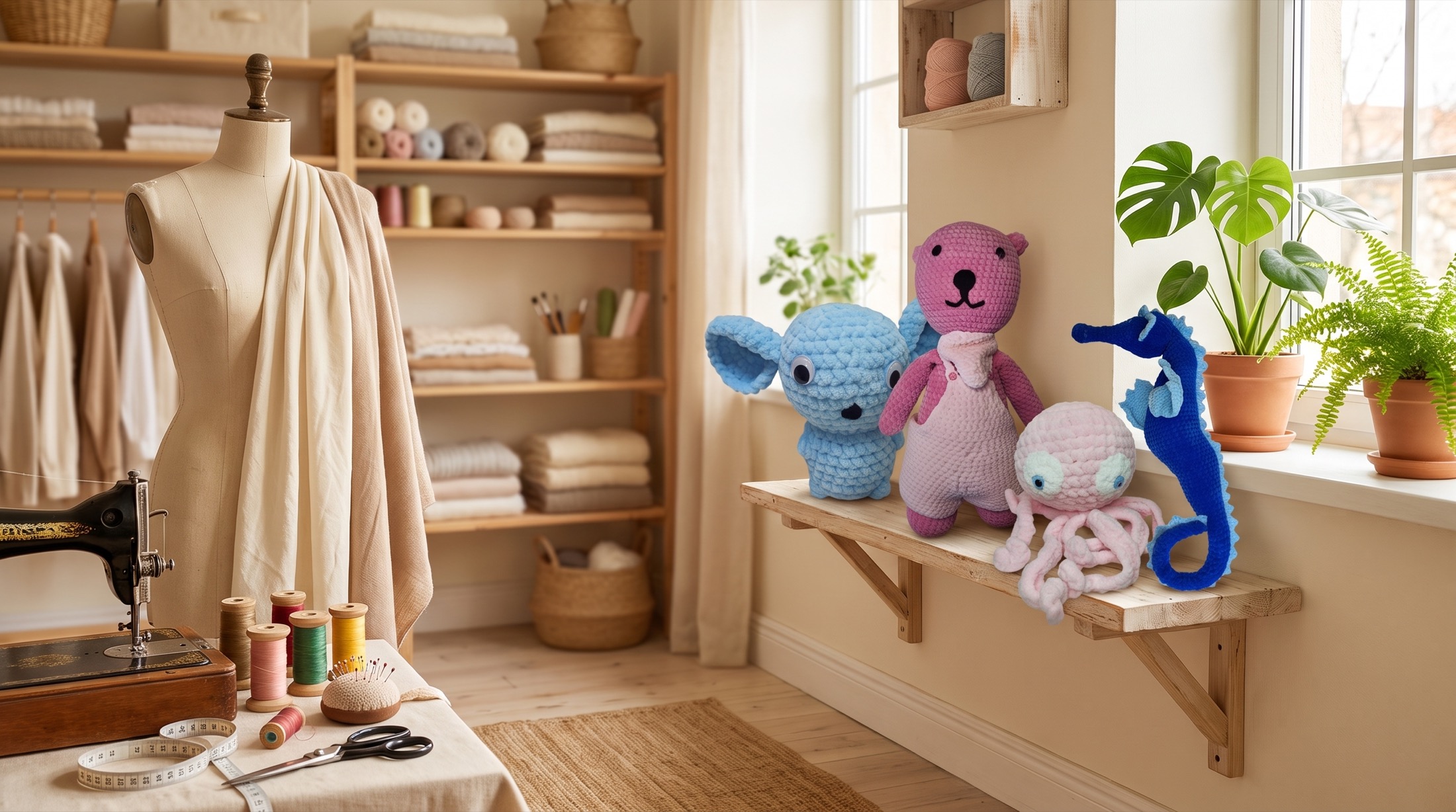 Linas Atelier – gehäkelte Plüschtiere auf einem Regal neben Nähmaschine und Schneiderpuppe