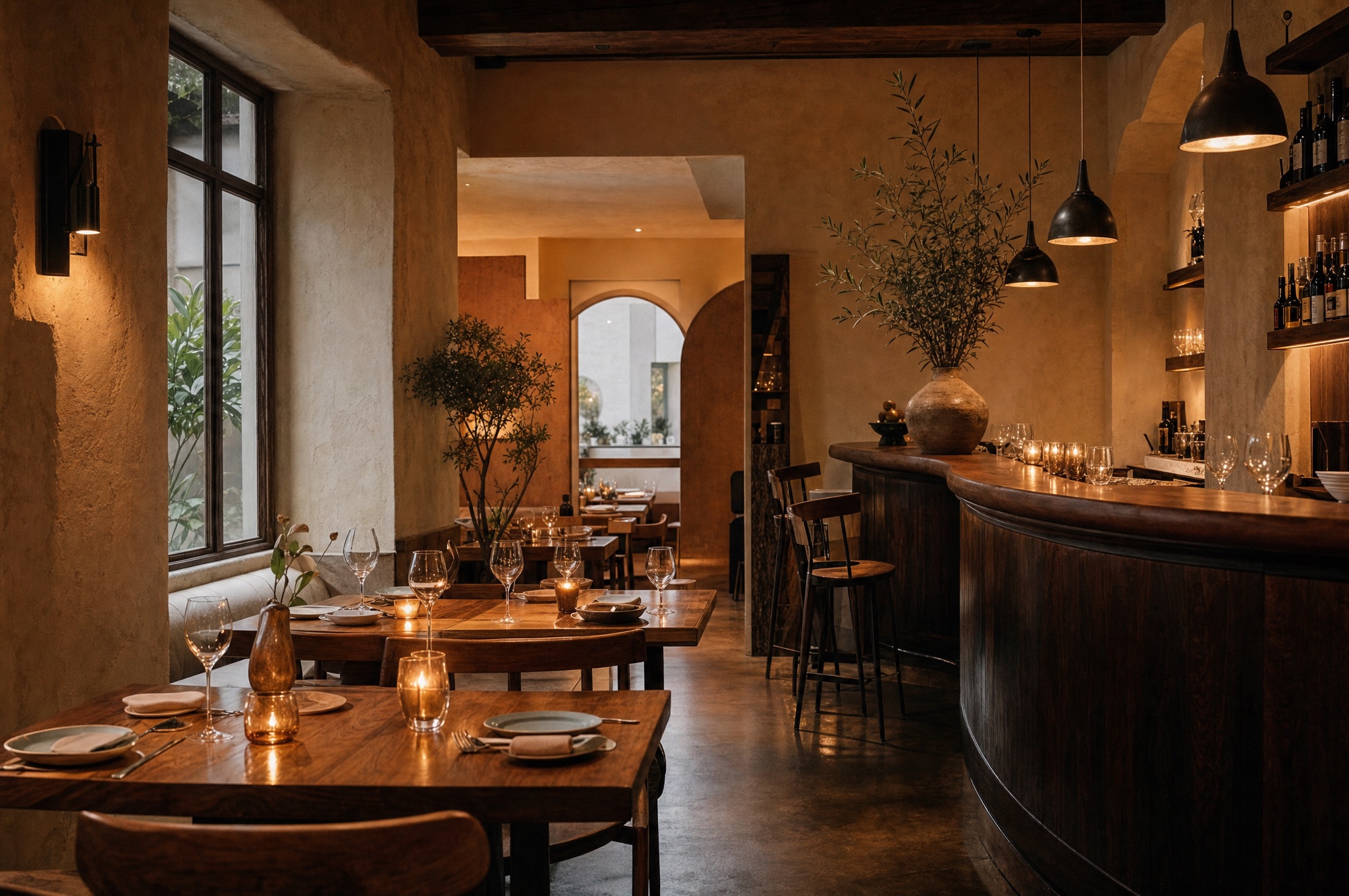 Warmes Restaurant-Interieur bei Kerzenlicht im FERNGUT
