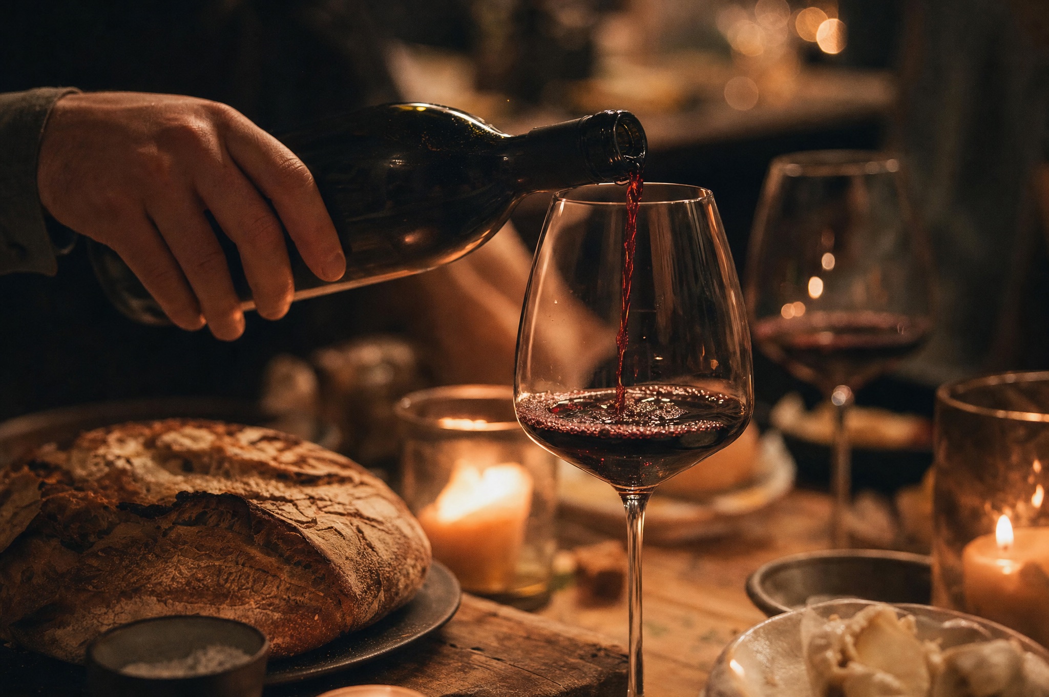 Rotwein wird bei Kerzenlicht eingeschenkt
