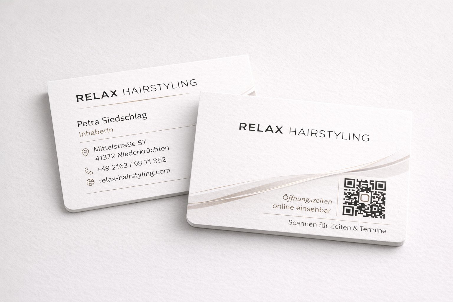 Relax Hairstyling: Visitenkarten, Vorder- und Rückseite